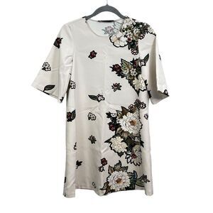 Zara‎ Basic Womens Mini Dress Floral Stretch Bell Sleeves Cream Size XS